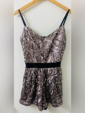 bebe Lilac and Silver Sequin Romper with Black Waistband